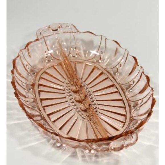 pink oyster pearl pattern depression glass relish dish divided bowl VTG - Picture 3 of 4